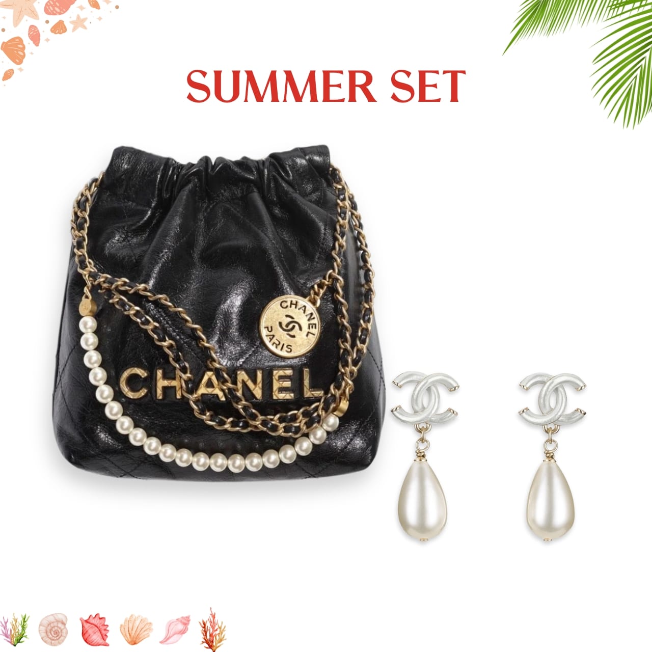 SUMMER SET: CHANEL 22 MINI HANDBAG CRYSTAL PEARLS BLACK & CC PEARL DROP EARRINGS