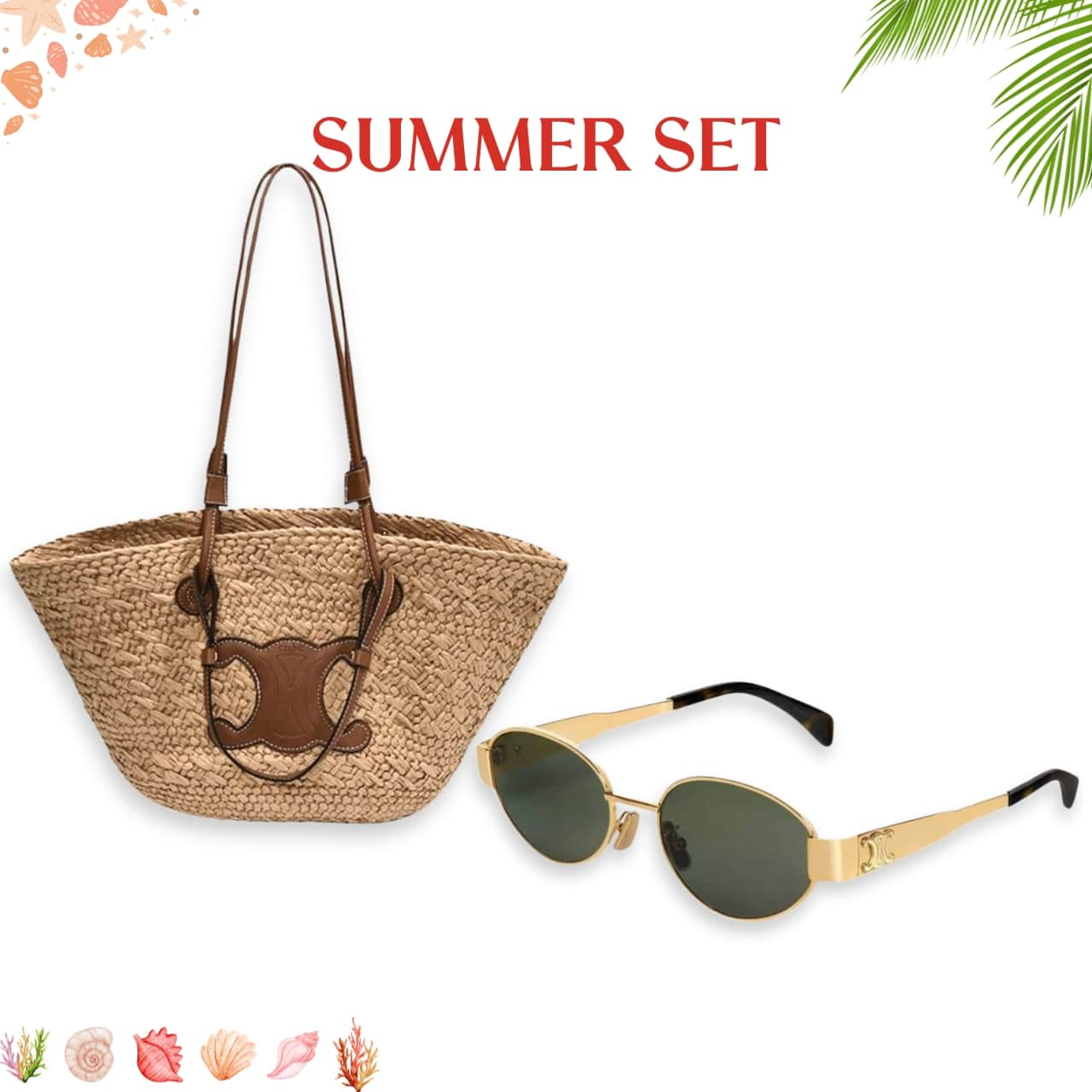 SUMMER SET: CELINE TRIOMPHE PANIER IN RAFFIA AND CALFSKIN TAN & SUNGLASSES METAL OVALE GOLD