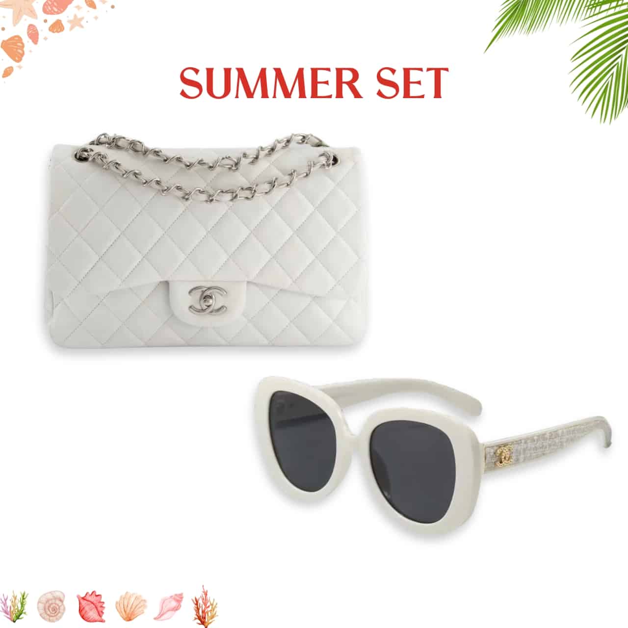 SUMMER SET: CHANEL CLASSIC DOUBLE FLAP BAG WHITE SILVER HARDWARE & SQUARE SUNGLASSES TWEED ACCENT IN WHITE