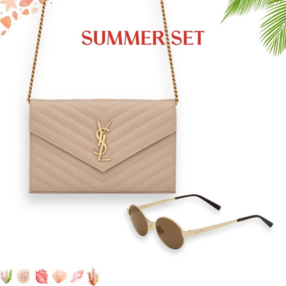 SUMMER SET: SAINT LAURENT CASSANDRE MATELASSÉ CHAIN WALLET IN GRAIN DE POUDRE EMBOSSED BEIGE & SL 692 LIGHT GOLD AND BROWN