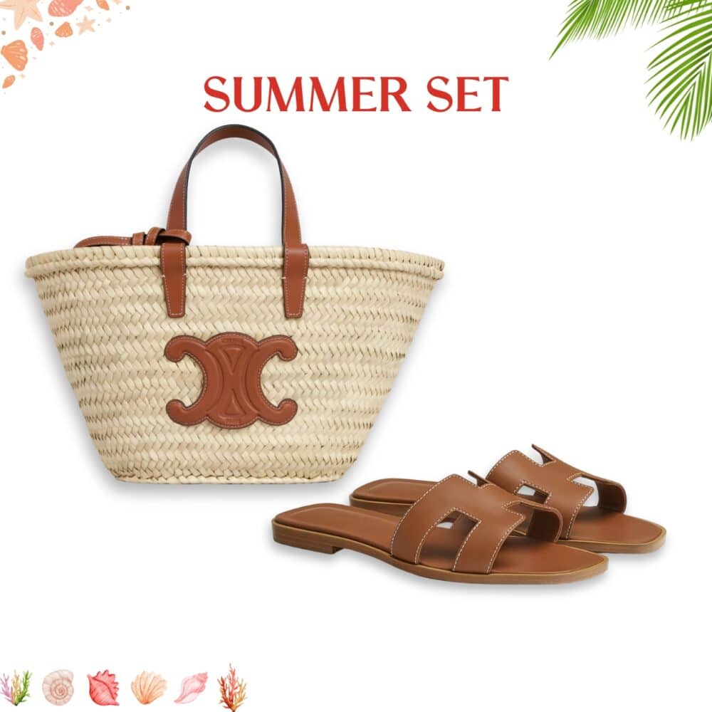 SUMMER SET: CELINE TEEN CELINE CLASSIC PANIER IN PALM LEAVES TAN & HERMES SLIPPERS FLAT ORAN BROWN H021056Z
