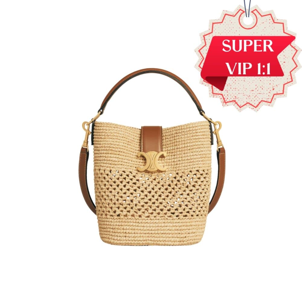 [SUPER VIP 1:1] CELINE SMALL LOUISE BUCKET IN RAFFIA NATURAL AND TAN 19CM 119742GNS 02NT