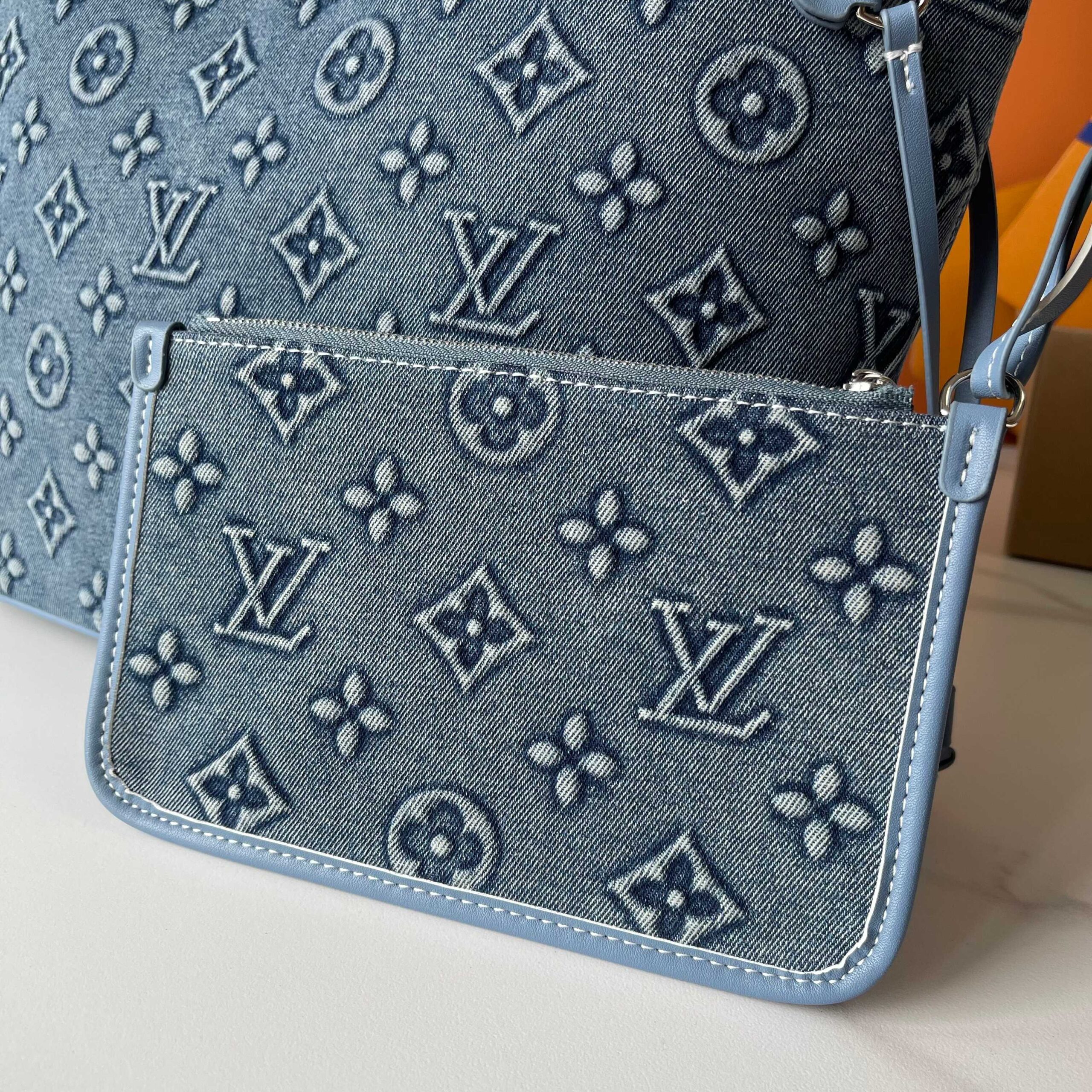 LOUIS VUITTON NEVERFULL MM BAG MONOGRAM DENIM BLUE 32CM - Image 7