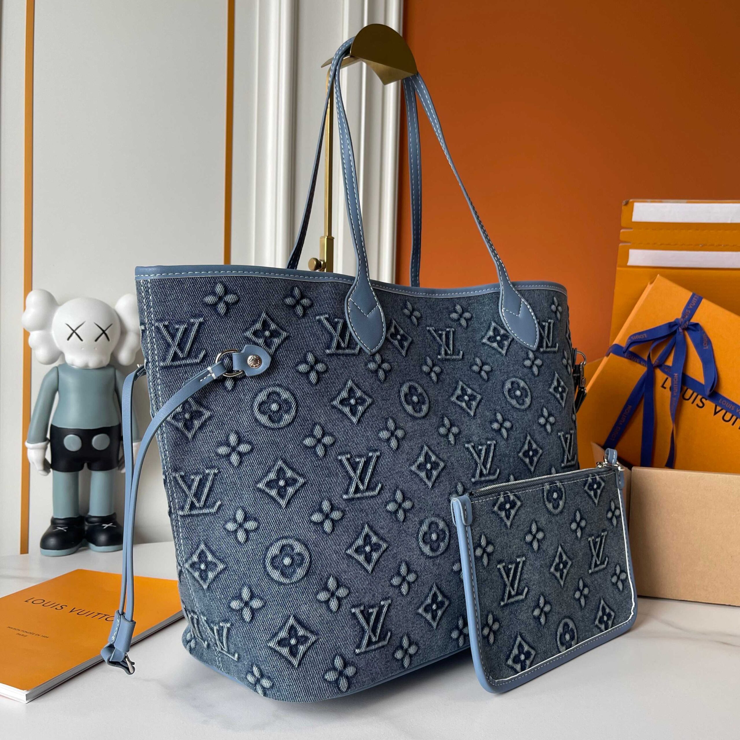 LOUIS VUITTON NEVERFULL MM BAG MONOGRAM DENIM BLUE 32CM - Image 3