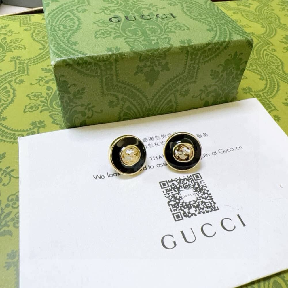 Alternative view of GUCCI INTERLOCKING 18K STUD EARRINGS GOLD AND BLACK 786554 J85F0 8030
