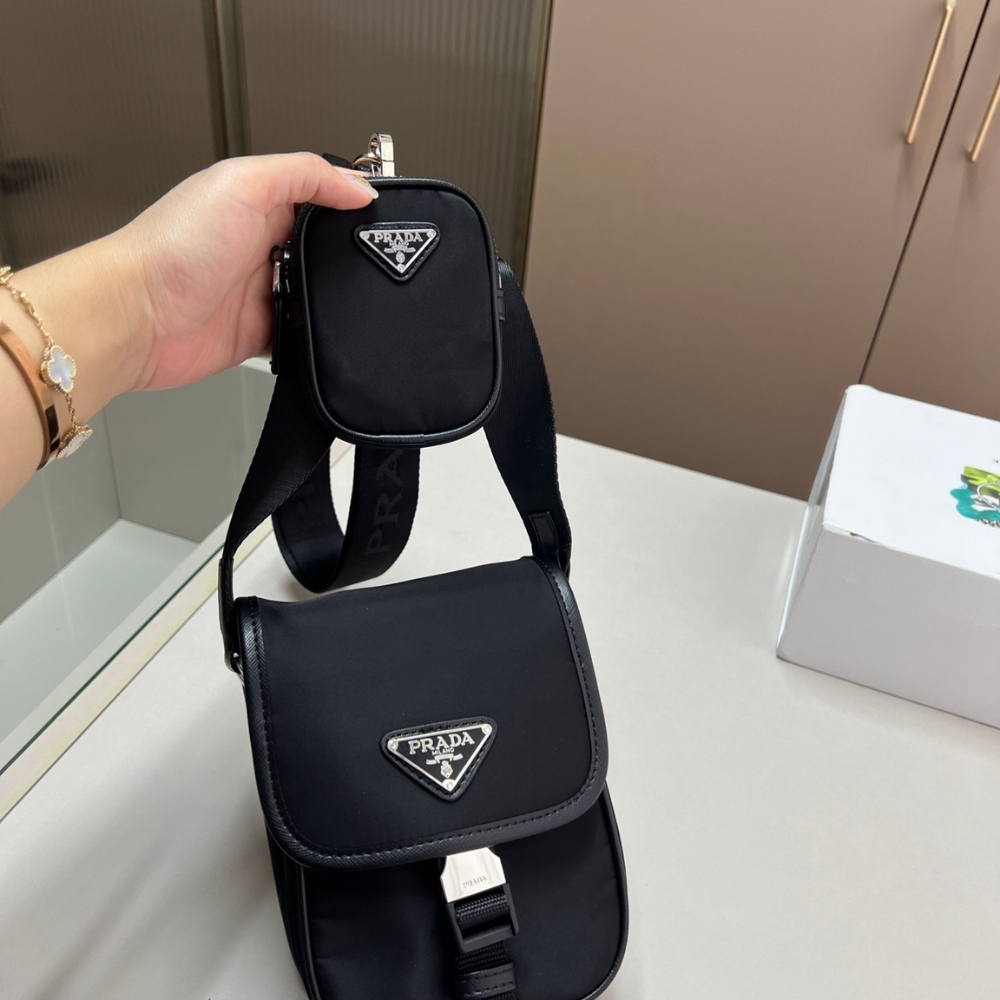 PRADA RE NYLON AND SAFFIANO LEATHER SHOULDER BAG BLACK 17CM 2VH112 2DMH F0002 V WOP - Image 7