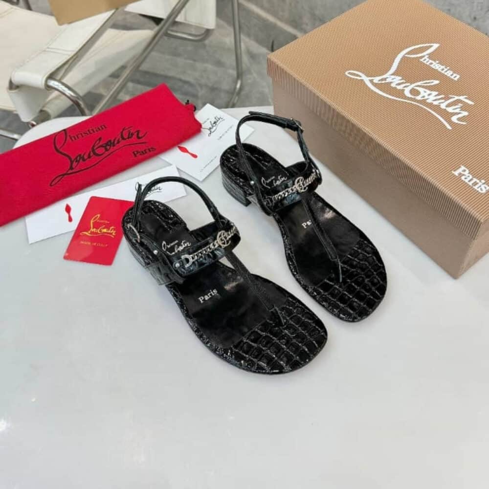 Alternative view of CHRISTIAN LOUBOUTIN MJ EMBELLISHED CROC EFFECT PATENT SANDALS BLACK