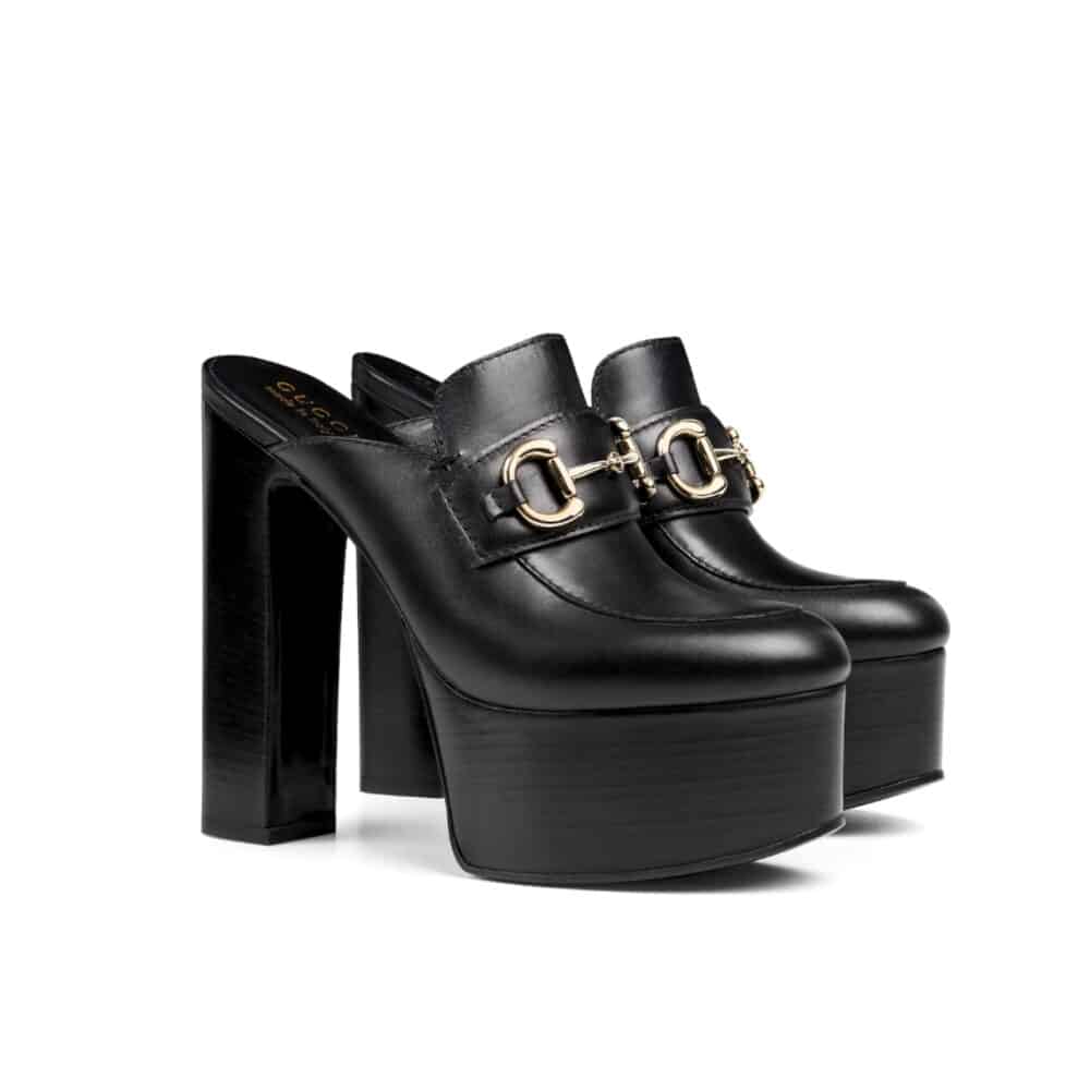 GUCCI WOMEN PLATFORM MULE WITH HORSEBIT BLACK LEATHER 835315 AADCW 1000