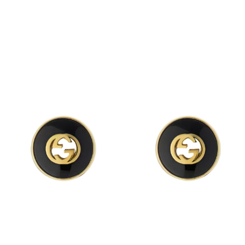 GUCCI INTERLOCKING 18K STUD EARRINGS GOLD AND BLACK 786554 J85F0 8030