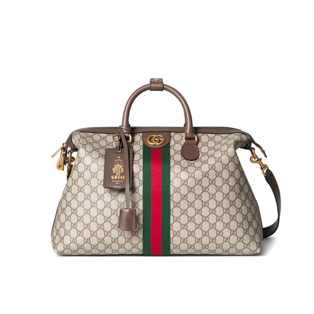 GUCCI SAVOY MEDIUM DUFFLE BAG BEIGE AND DARK BROWN 48CM 834469 FAEOI 9746