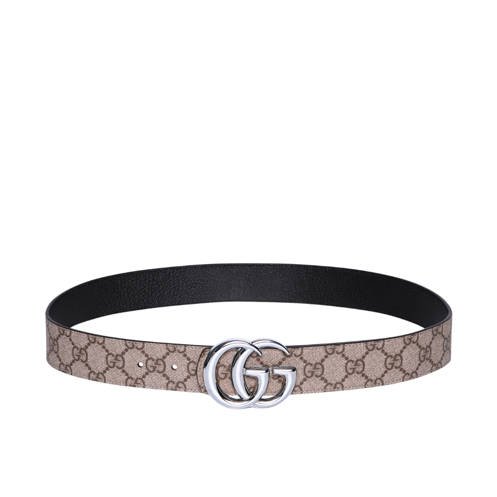 GUCCI GG MARMONT REVERSIBLE BELT SILVER HARDWARE BEIGE BROWN