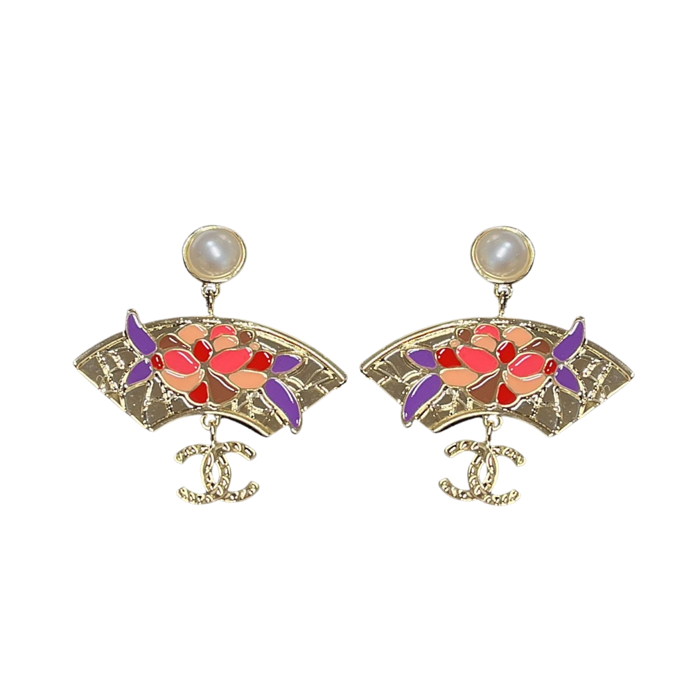 CHANEL FAN FLORAL ENAMEL PEARL DROP EARRINGS MULTICOLOUR ABF930 B21130 U2139
