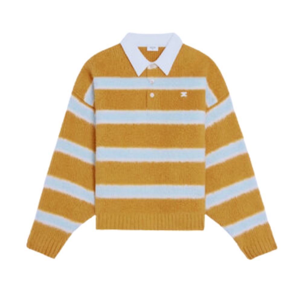 CELINE POLO SWEATER IN BRUSHED STRIPED COTTON OCHRE AND LIGHT BLUE RY0FQ0ZQJ GBO7