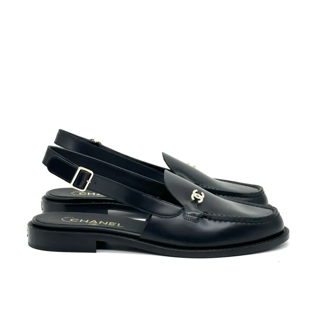 CHANEL INTERLOCKING CC LOGO SLINGBACK FLATS BLACK