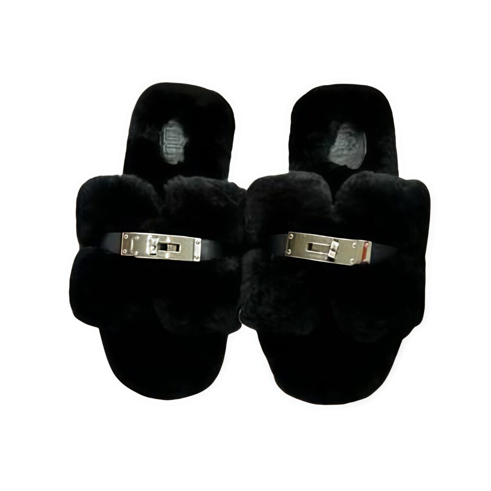 HERMES SHEARLING FUR ORAN SILVER BUCKLE SANDAL BLACK