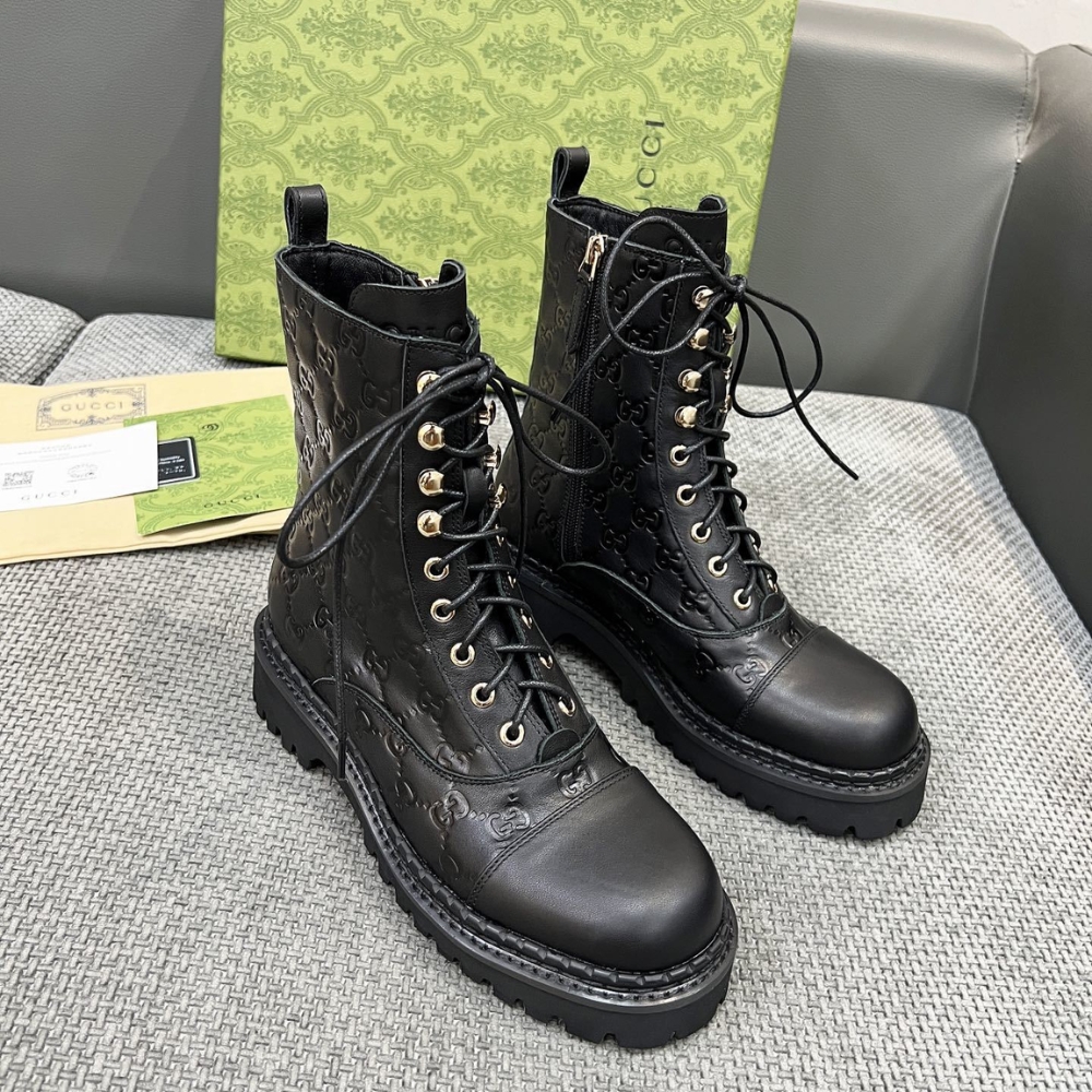 Alternative view of GUCCI WOMEN LACE UP ANKLE BOOT WITH GG BLACK LEATHER 840739 AAE5Q 1000