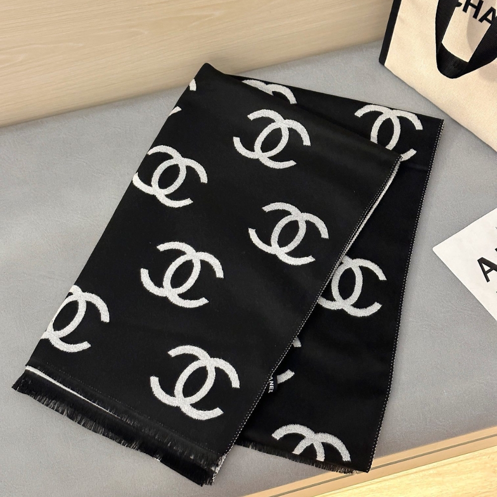 Alternative view of CHANEL WOOL CASHMERE CC SCARF BLACK WHITE 180CM