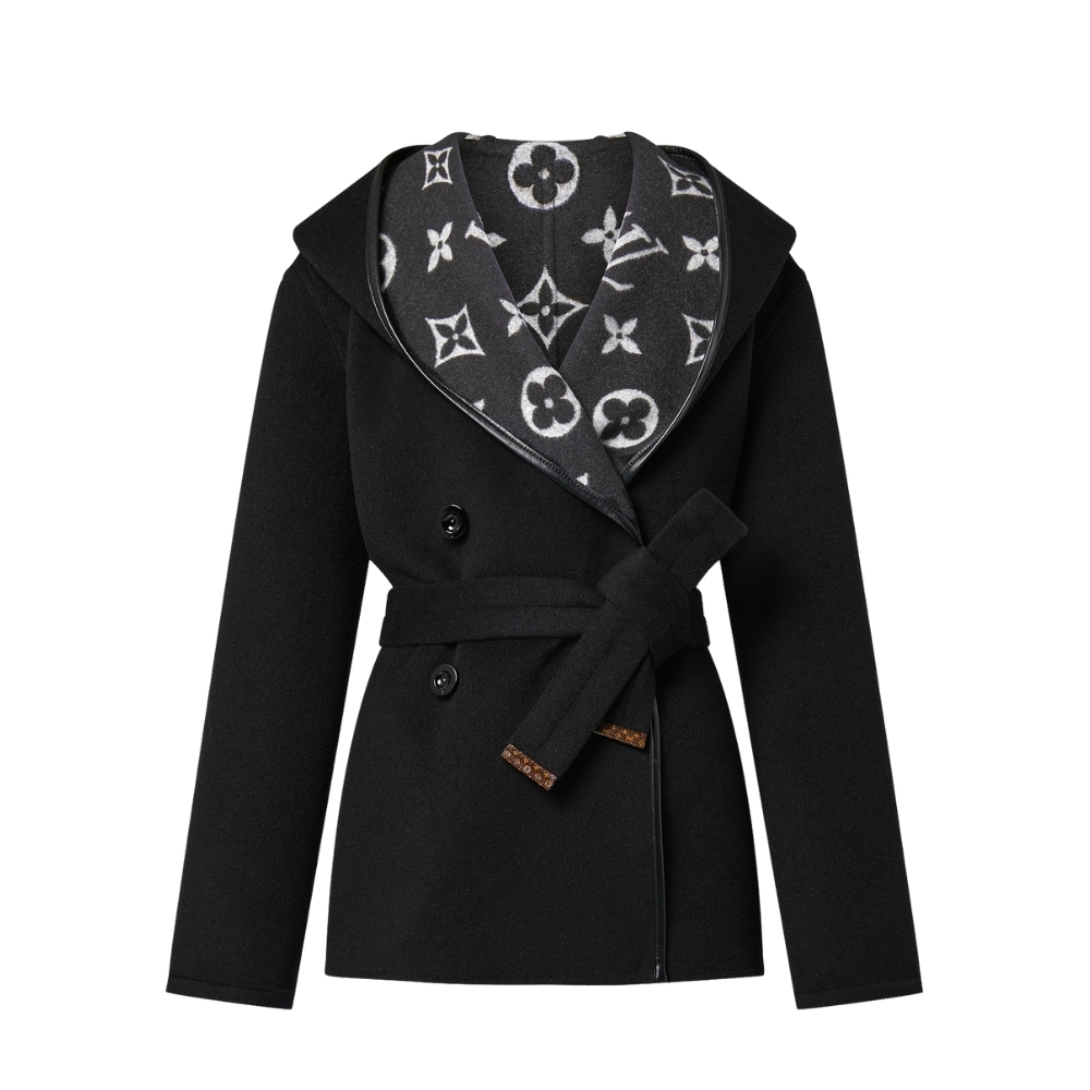 LOUIS VUITTON SIGNATURE SHORT HOODED WRAP COAT BLACK