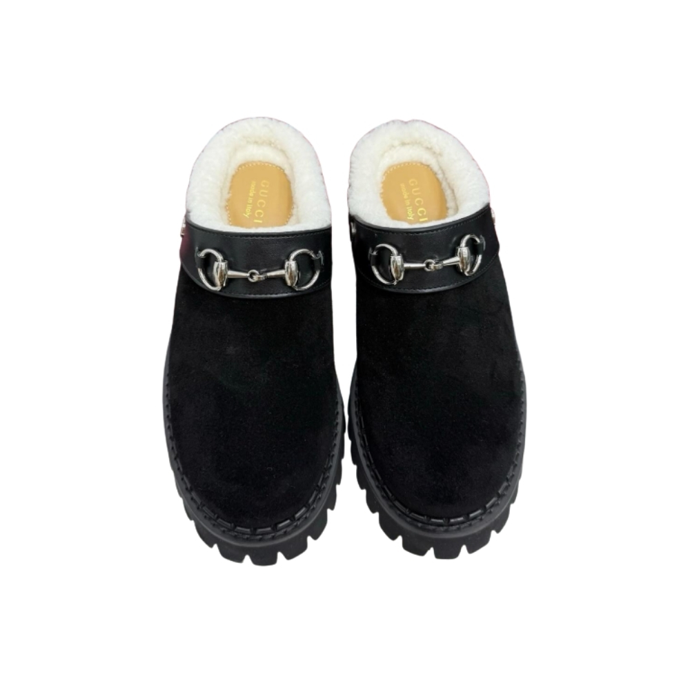 GUCCI HORSEBIT SHEARLING MULES IN BLACK SUEDE