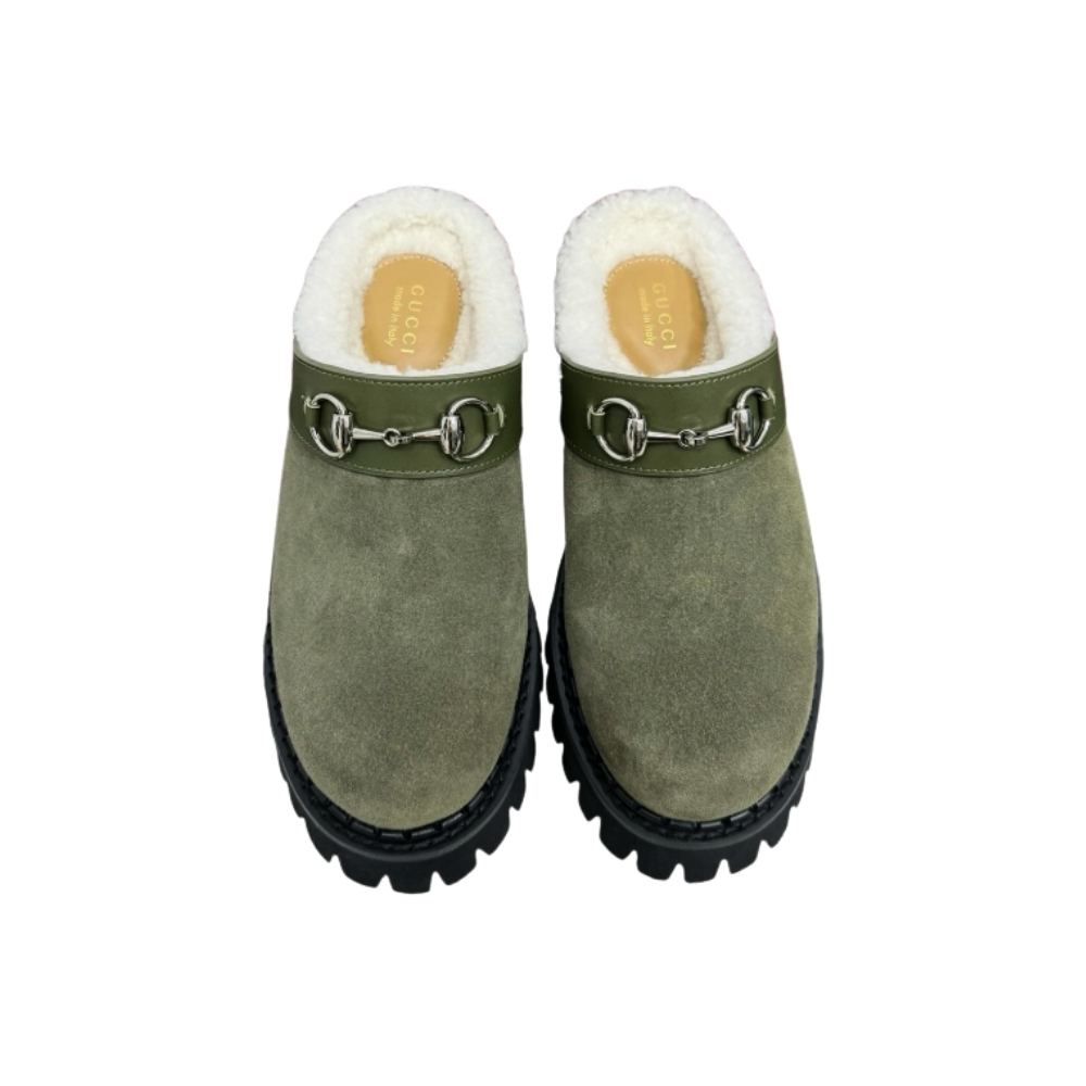 GUCCI HORSEBIT SHEARLING MULES IN DARK GREEN SUEDE