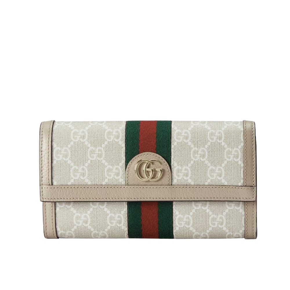 GUCCI OPHIDIA CONTINENTAL WALLET BEIGE AND WHITE GG SUPREME 19CM 523153 UULAG 9682