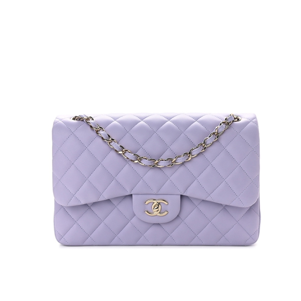 CHANEL MEDIUM CLASSIC DOUBLE FLAP PURPLE GOLD HARDWARE 25CM