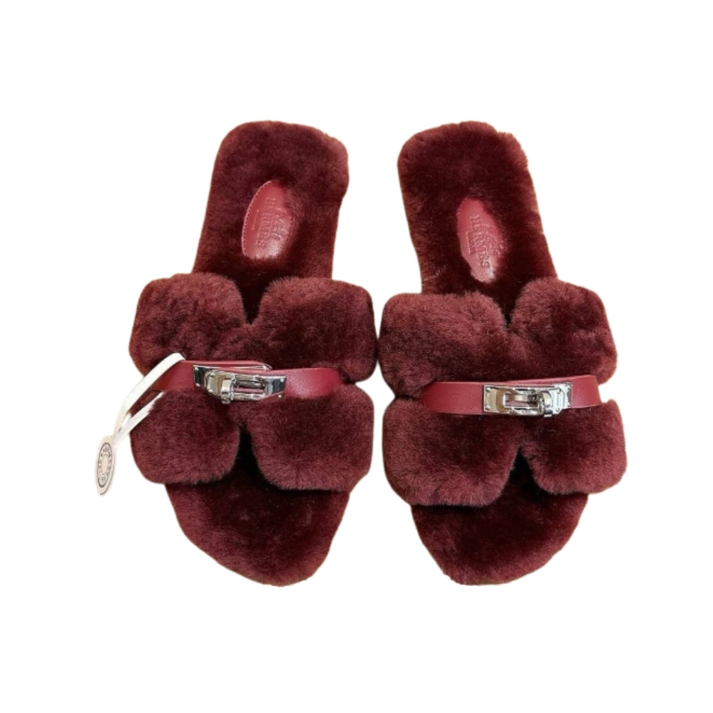 HERMES SHEARLING FUR ORAN SILVER BUCKLE SANDAL WINE RED WOOL