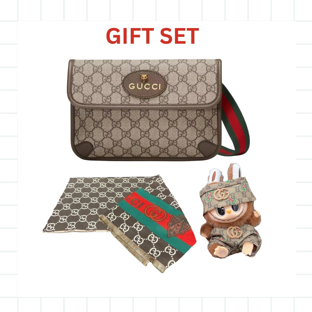 GIFT SET: GUCCI NEO VINTAGE BELT BAG WITH LABUBU ACCESSORIES & GG JACQUARD WOOL AND SILK BLEND SCARF