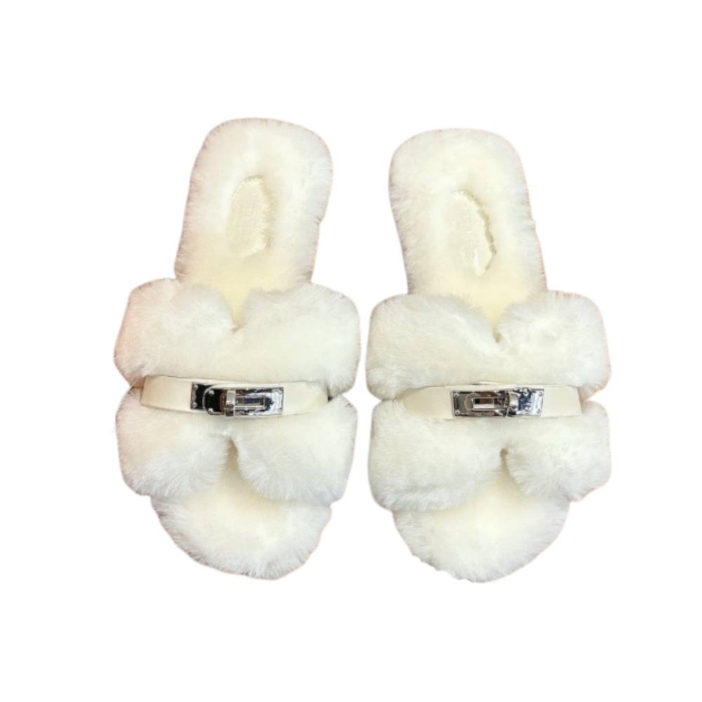 HERMES SHEARLING FUR ORAN SILVER BUCKLE SANDAL WHITE