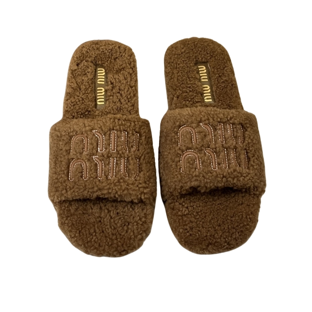 MIUMIU SHEARLING MULES BROWN