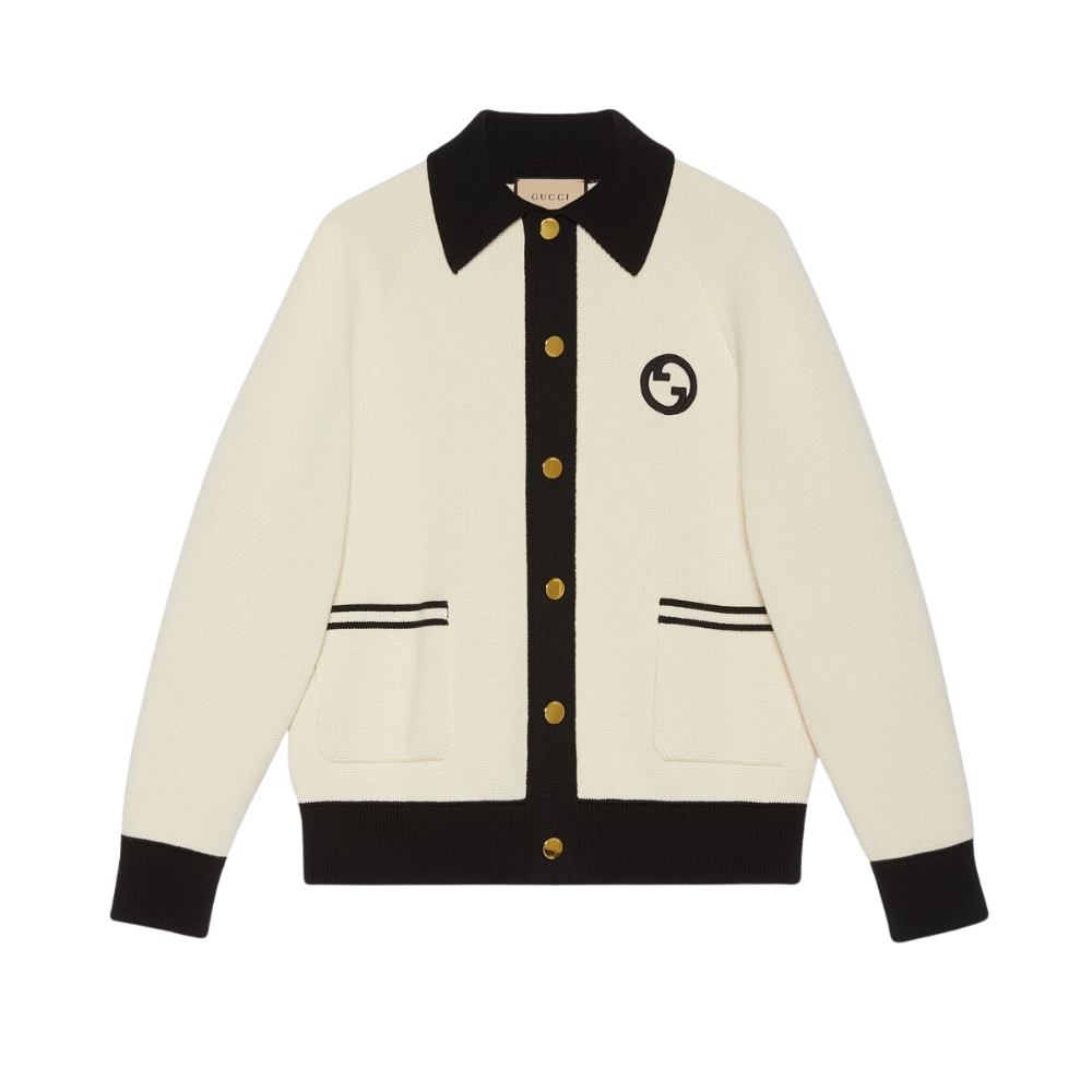 GUCCI KNIT COTTON WOOL CARDIGAN WITH PATCH BEIGE