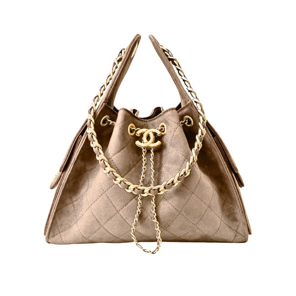 CHANEL 25 SMALL HANDBAG GOLD TONE METAL LIGHT BROWN 25CM