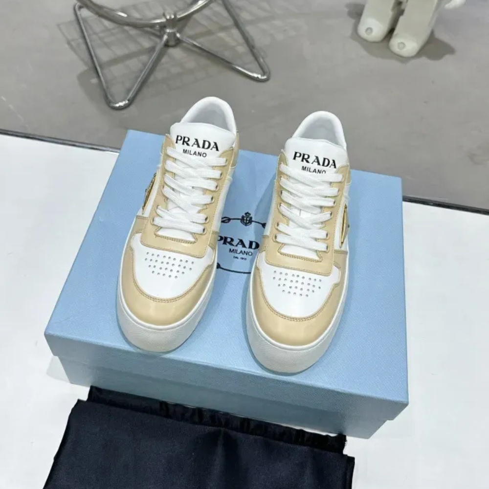 PRADA DOWNTOWN BOLD LEATHER SNEAKERS DESERT AND WHITE 1E792M 3LPG F0P09 F 050 - Image 5