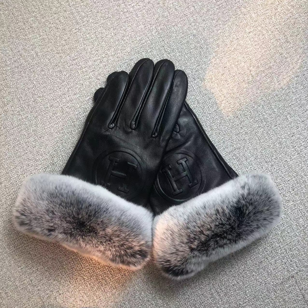 Alternative view of HERMES RABBIT FUR BLACK LEATHER GLOVES