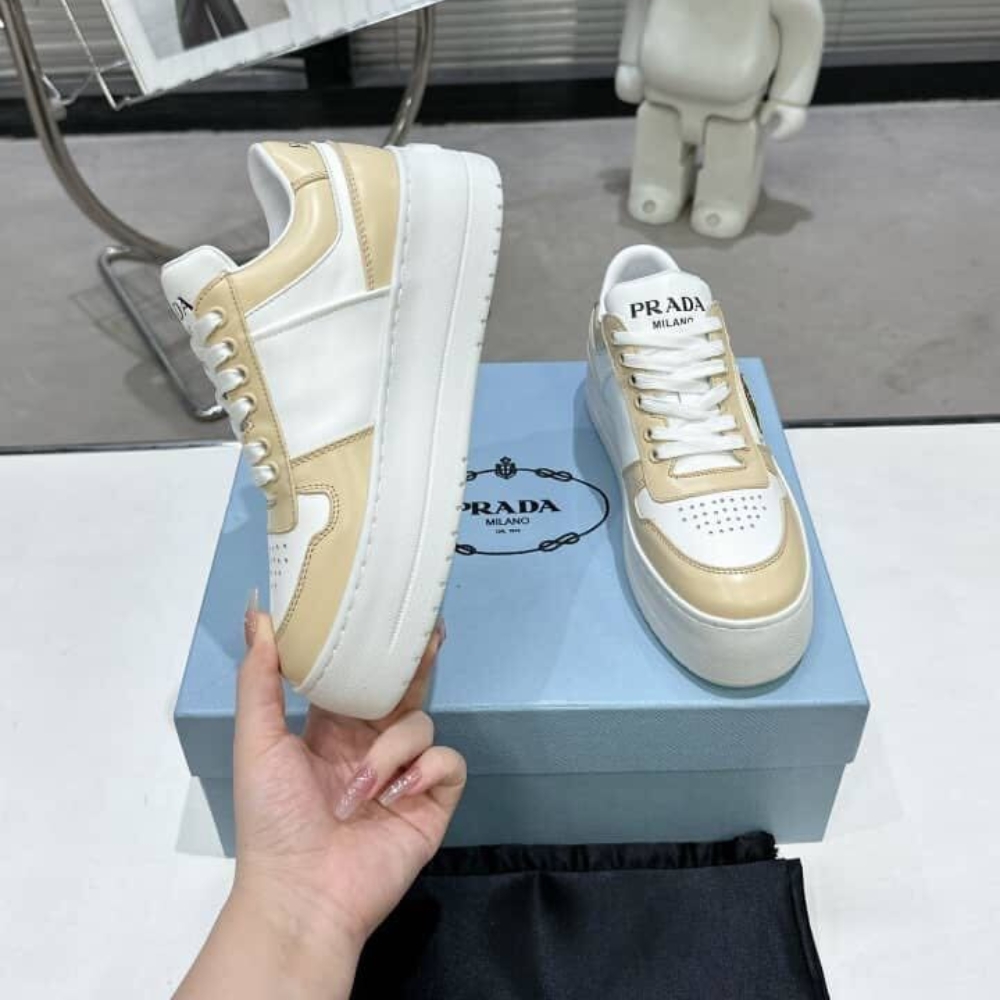 PRADA DOWNTOWN BOLD LEATHER SNEAKERS DESERT AND WHITE 1E792M 3LPG F0P09 F 050 - Image 3