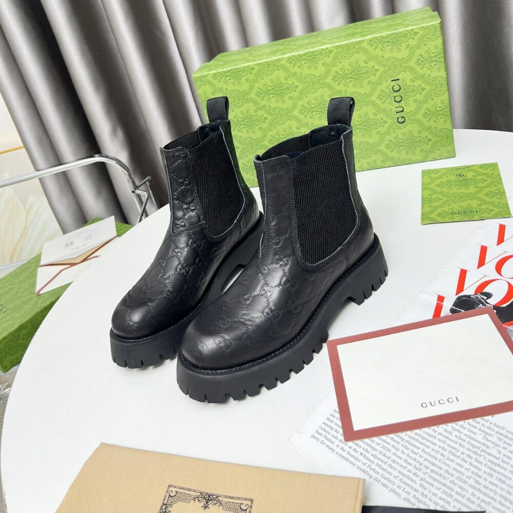 Alternative view of GUCCI LEATHER ANKLE BOOT WITH WEB DETAIL BLACK 794168 AADPF 1056