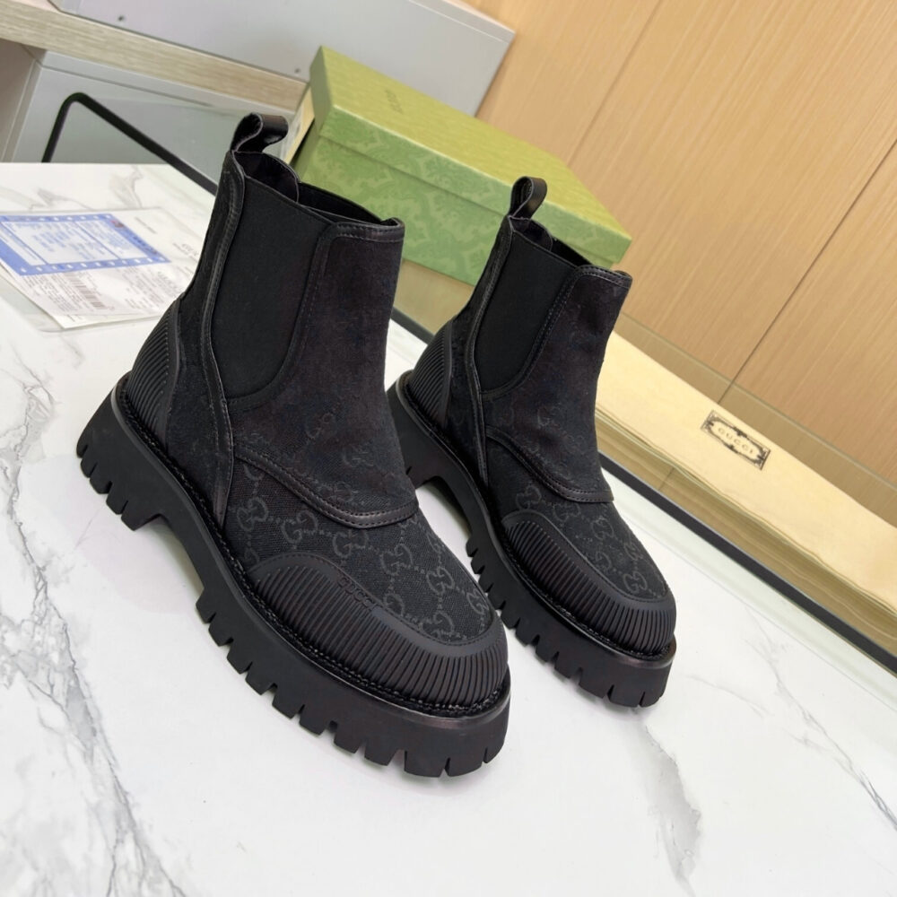 Alternative view of GUCCI GG JACQUARD CANVAS ANKLE BOOT TRIPLE BLACK 739777 FAB5I 1000