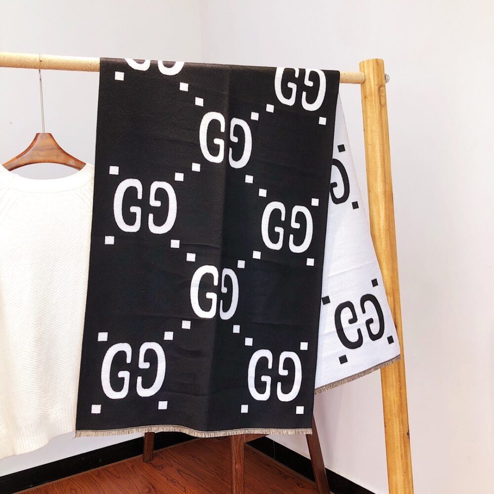 Alternative view of GUCCI GG JACQUARD WOOL SILK SCARF BLACK WHITE 180CM