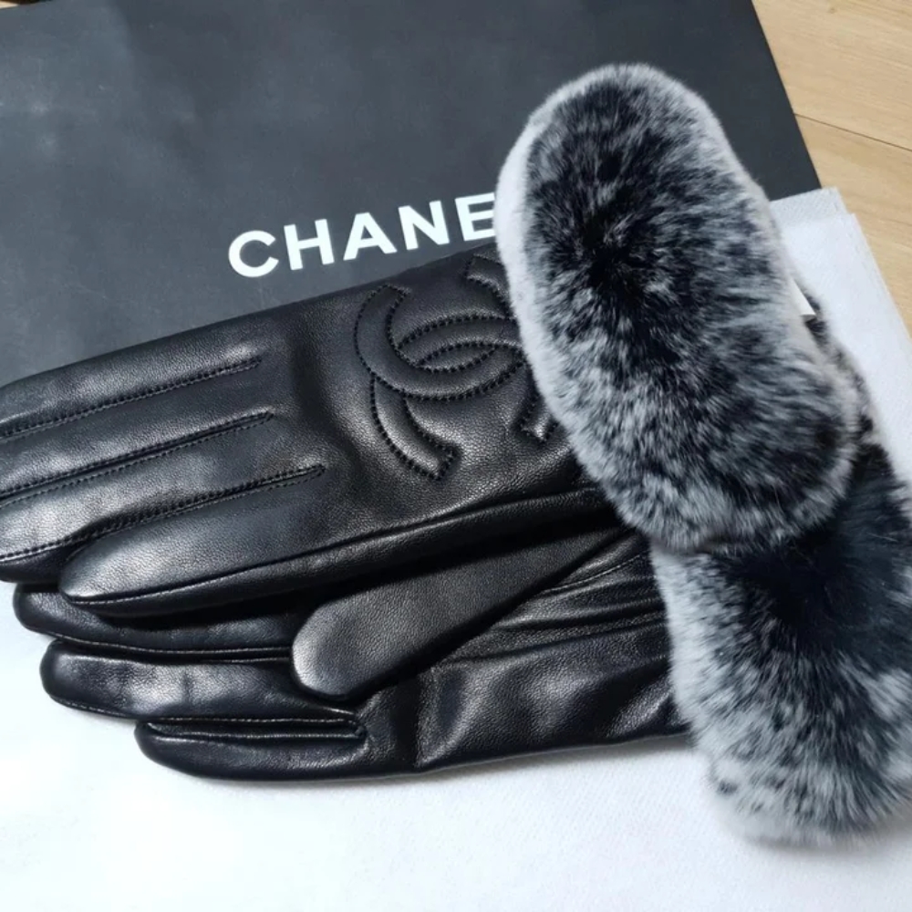 Alternative view of CHANEL CC LEATHER RABBIT FUR GLOVES BLACK AND GRAY