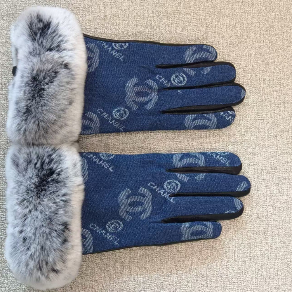 Alternative view of CHANEL CC LOGO RABBIT FUR LEATHER FLEECE GLOVES DENIM BLUE