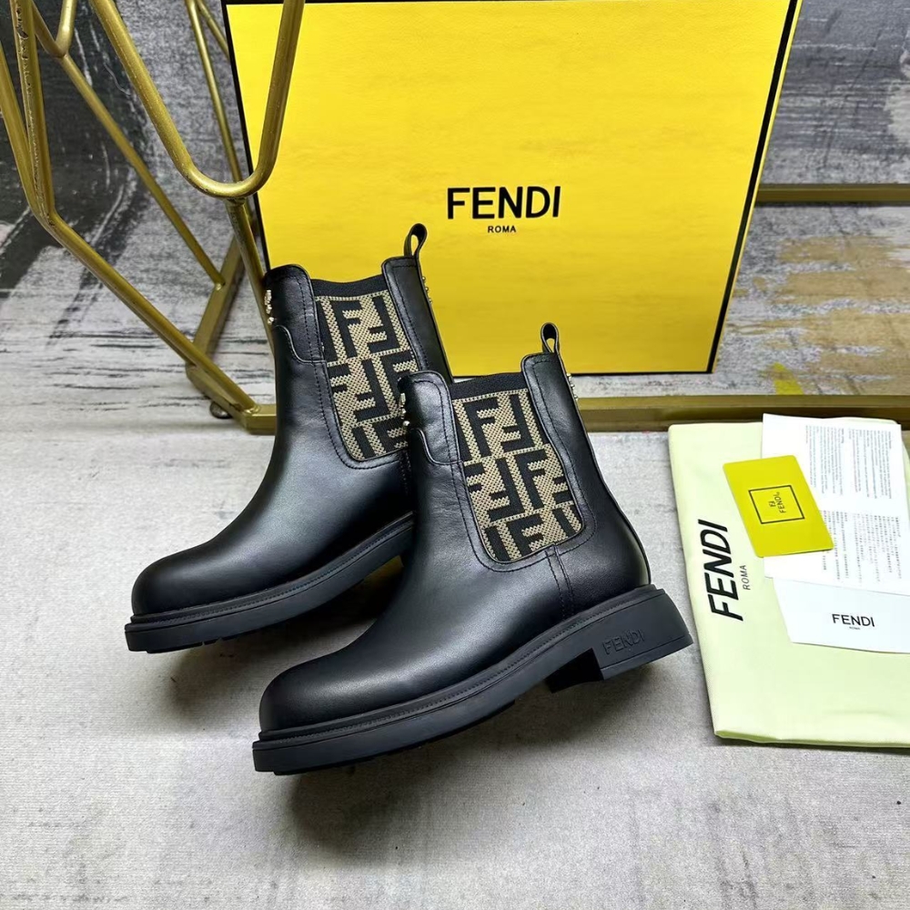 FENDI FILO BOOTS BLACK LEATHER AND FF FABRIC BIKER BOOTS 8T8576A379F1TOG - Image 4