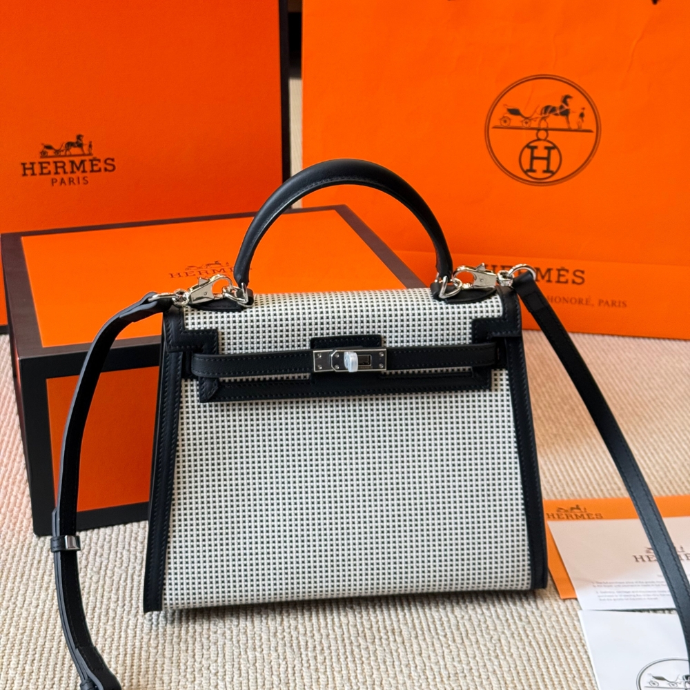 Alternative view of HERMES KELLY 25 TOILE QUADRILLE CANVAS SWIFT BLACK PHW 25CM