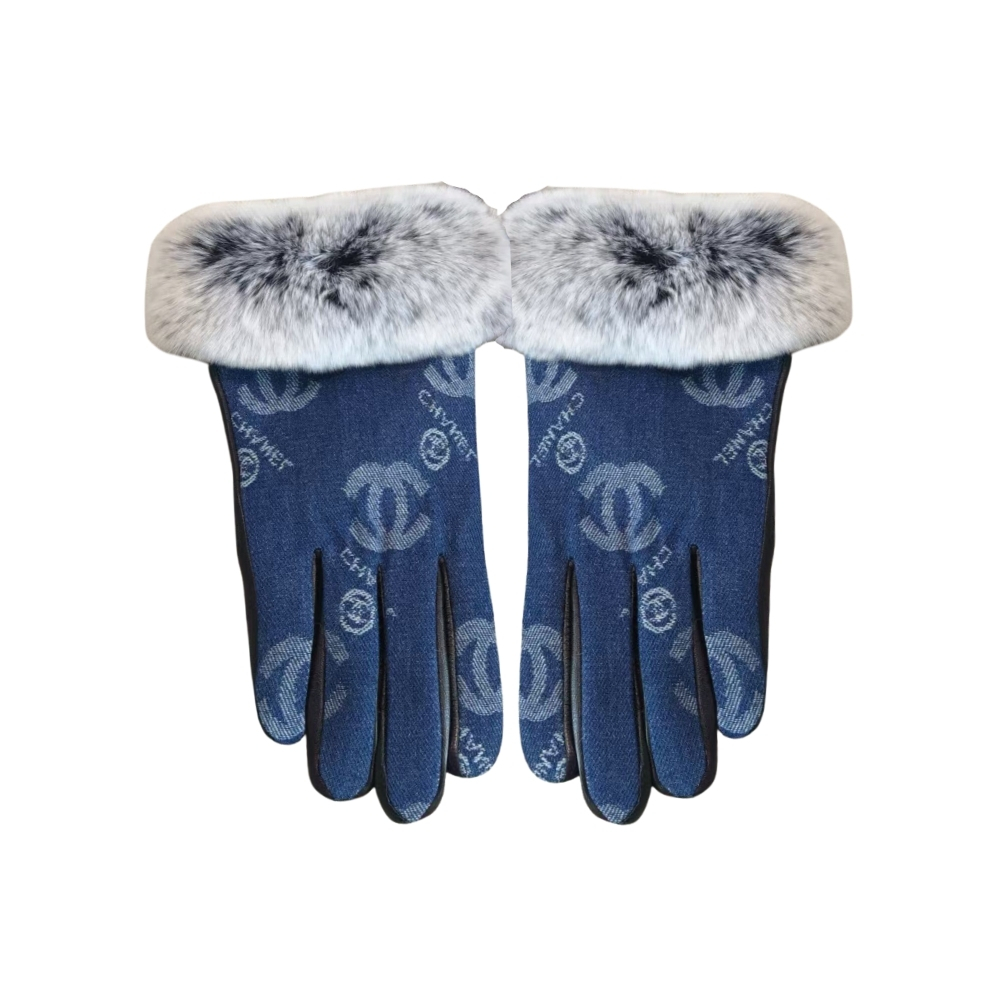 CHANEL CC LOGO RABBIT FUR LEATHER FLEECE GLOVES DENIM BLUE