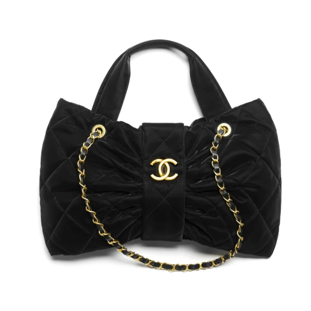 CHANEL BOW BAG VELVET EFFECT NYLON AND GOLD TONE METAL BLACK 35CM AS5851 B22154 94305