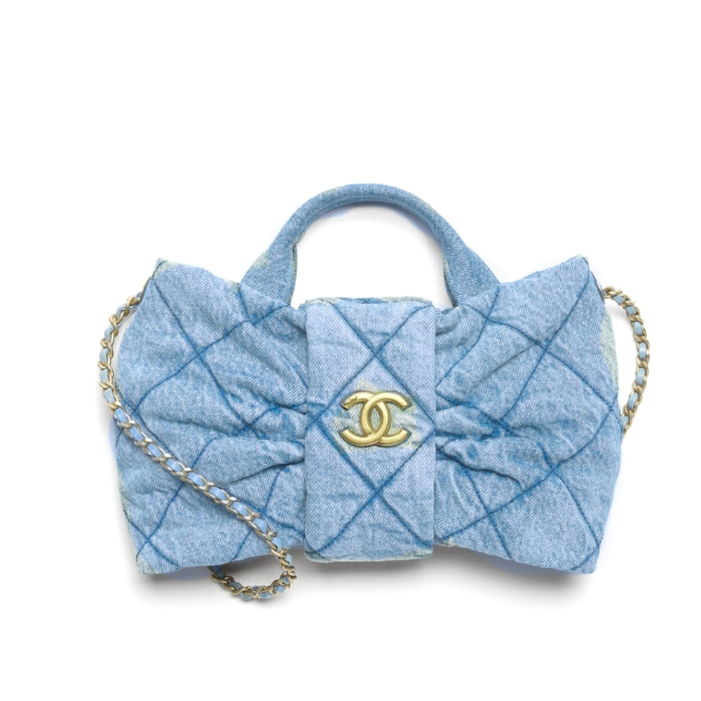 CHANEL MINI BOW BAG WASHED DENIM AND GOLD TONE METAL BLUE 21CM
