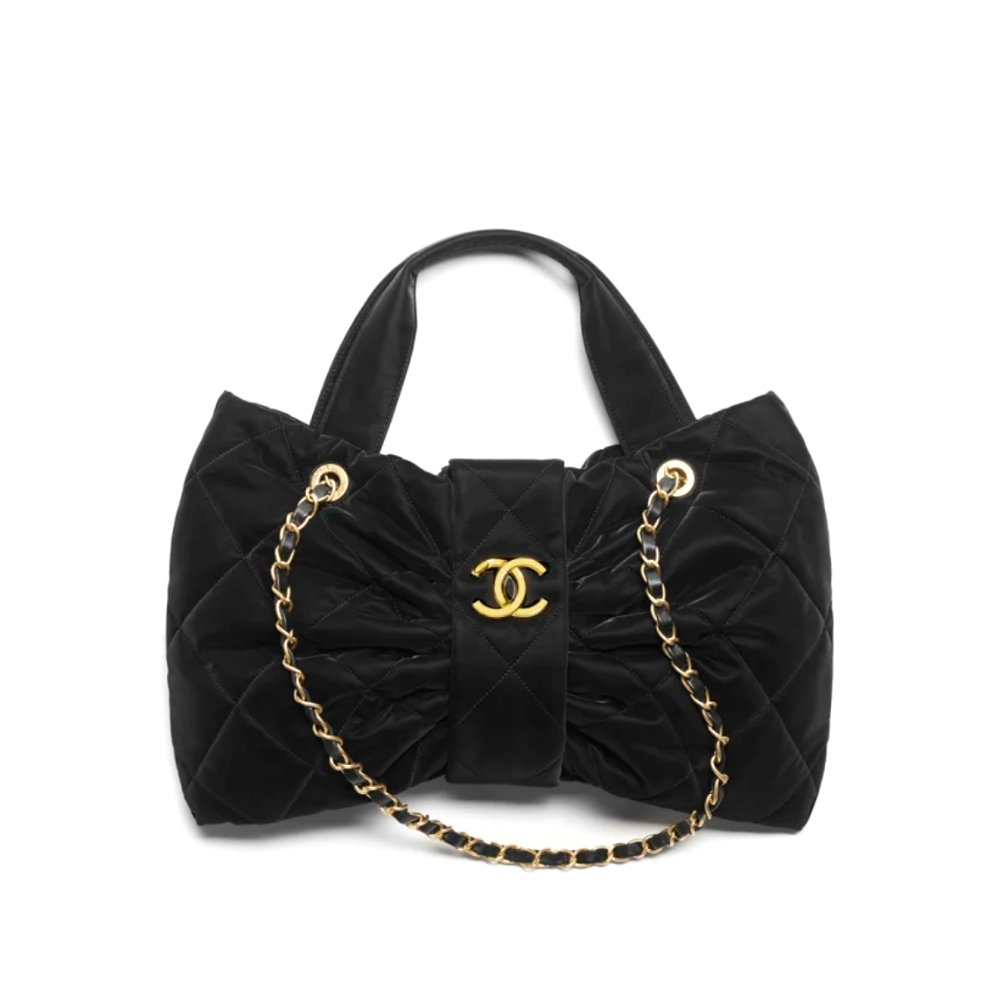 CHANEL MINI BOW BAG VELVET EFFECT NYLON AND GOLD TONE METAL BLACK 21CM AS5851 B22154 94305