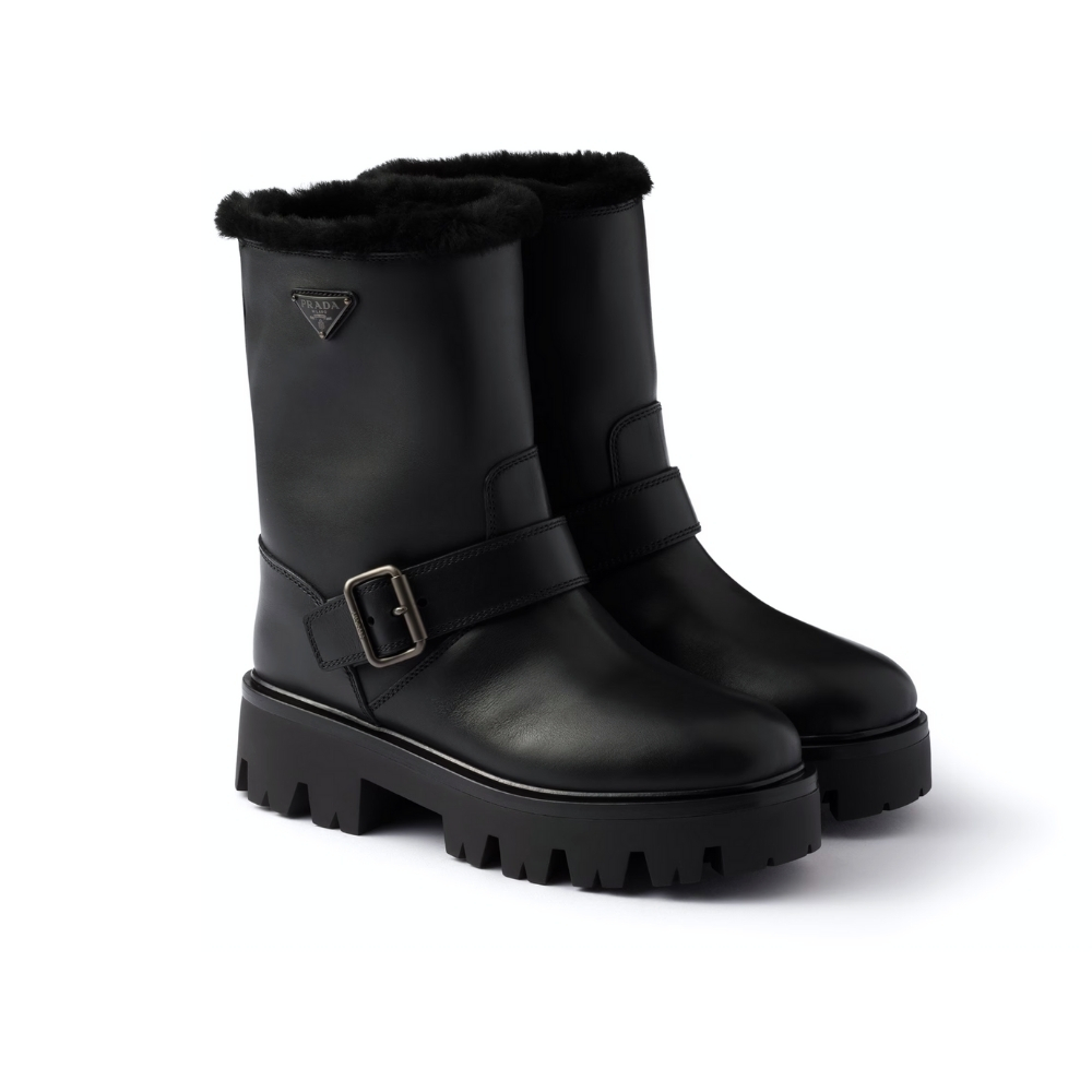 PRADA LEATHER AND SHEARLING BOOTIES BLACK 1U187O 3LPN F0002 F ZF50