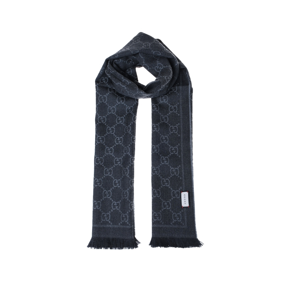 GUCCI GG WOOL SCARF BLACK AND LIGHT GREY 180CM ‎848507 3G200 1063