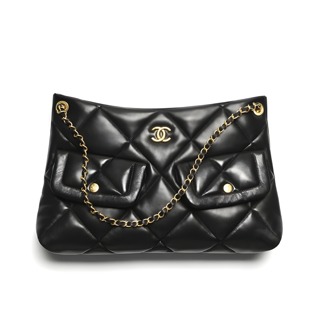 CHANEL SHOPPING BAG GOLD TONE METAL BLACK 38CM AS5740 B22139 94305