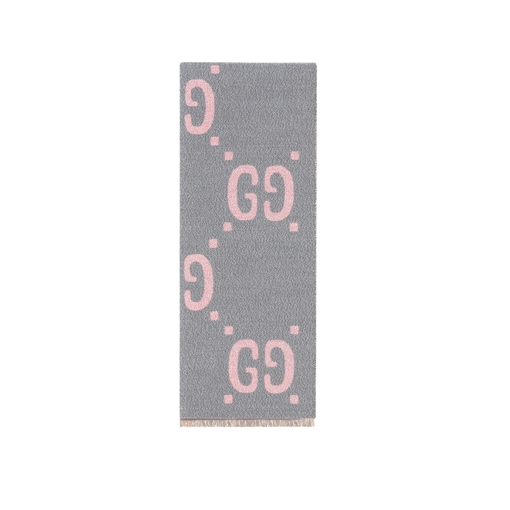 GUCCI GG JACQUARD WOOL SILK SCARF GREY PINK 180CM 558007 3G636 1272G